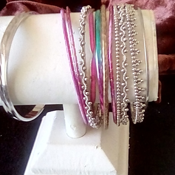 boho, bracelets,  bangles, silver, brass, pink - Picture 3 of 7